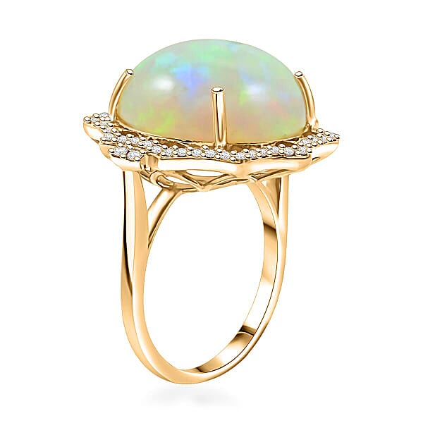 Shop Lc Certified & Appraised Luxoro AAA Ethiopian Welo Opal And White Diamond I2 11.20 Ctw Ring In 10K Yellow Gold