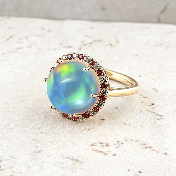 Shop Lc Certified & Appraised Luxoro AAA Ethiopian Welo Opal Padparadscha Sapphire And G-H I2 Diamond 7.30 Ctw Ring In 14K Yellow Gold 4.30 Grams