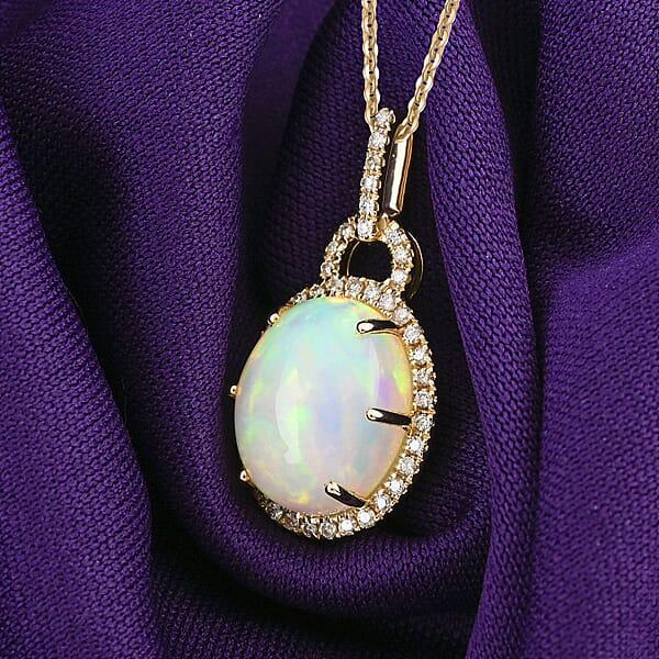 Shop Lc Certified & Appraised Luxoro AAA Ethiopian Welo Opal And G-H I2 Diamond 3.60 Ctw Pendant Necklace In 10K Yellow Gold 18 Inches