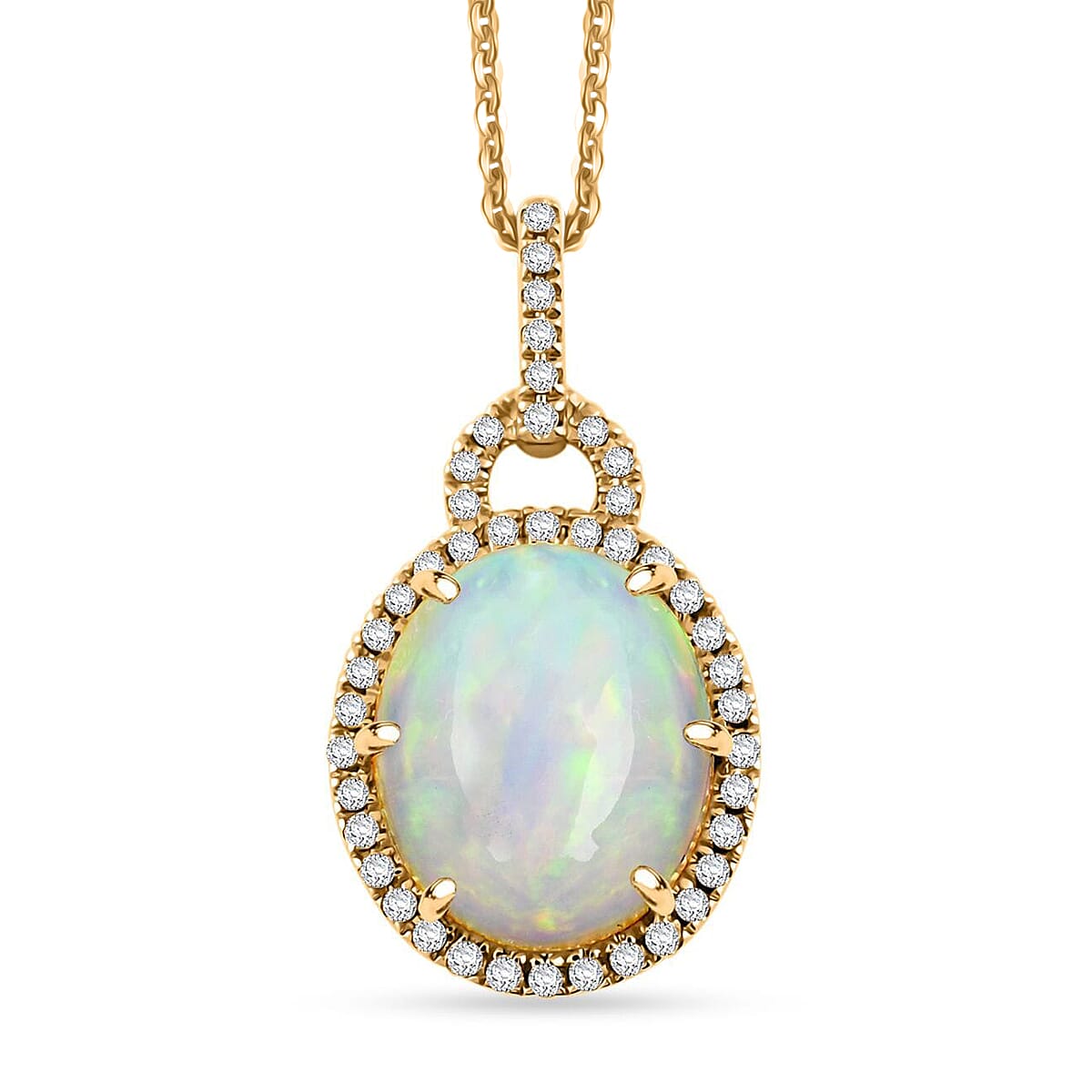 shop lc Certified & Appraised Luxoro AAA Ethiopian Welo Opal and G-H I2 Diamond 3.60 ctw Pendant Necklace in 10K Yellow Gold 18 Inches