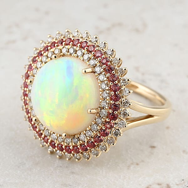 Shop Lc Certified & Appraised Luxoro AAA Ethiopian Welo Opal Padparadscha Sapphire And G-H I2 Diamond 6.25 Ctw Ring In 14K Yellow Gold 6.54 Grams