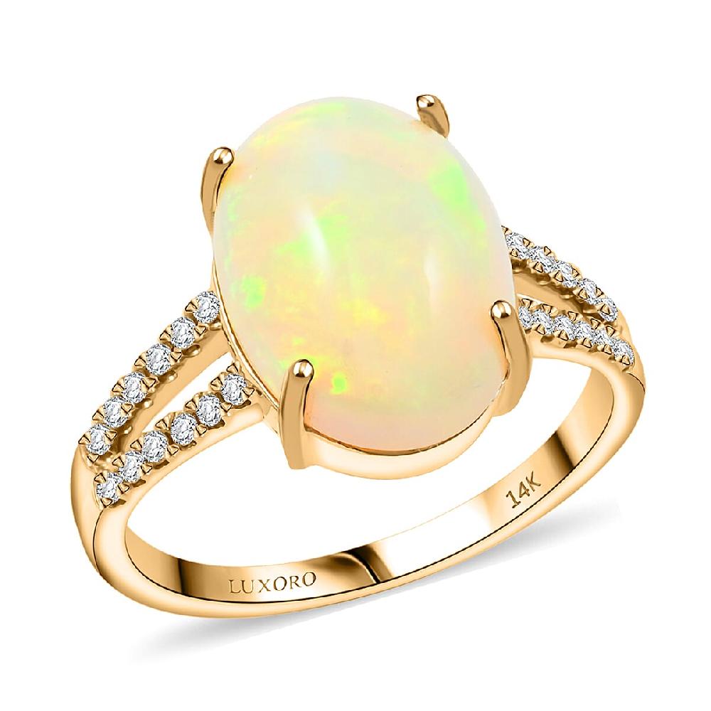 shop lc Certified & Appraised Luxoro AAA Ethiopian Welo Opal and G-H I2 Diamond 4.80 ctw Ring in 14K Yellow Gold 4 Grams
