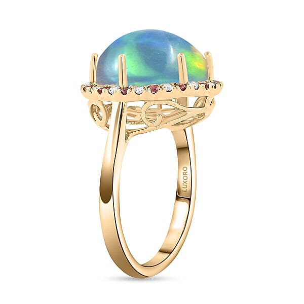 Shop Lc Certified & Appraised Luxoro AAA Ethiopian Welo Opal Padparadscha Sapphire And G-H I2 Diamond 7.30 Ctw Ring In 14K Yellow Gold 4.30 Grams
