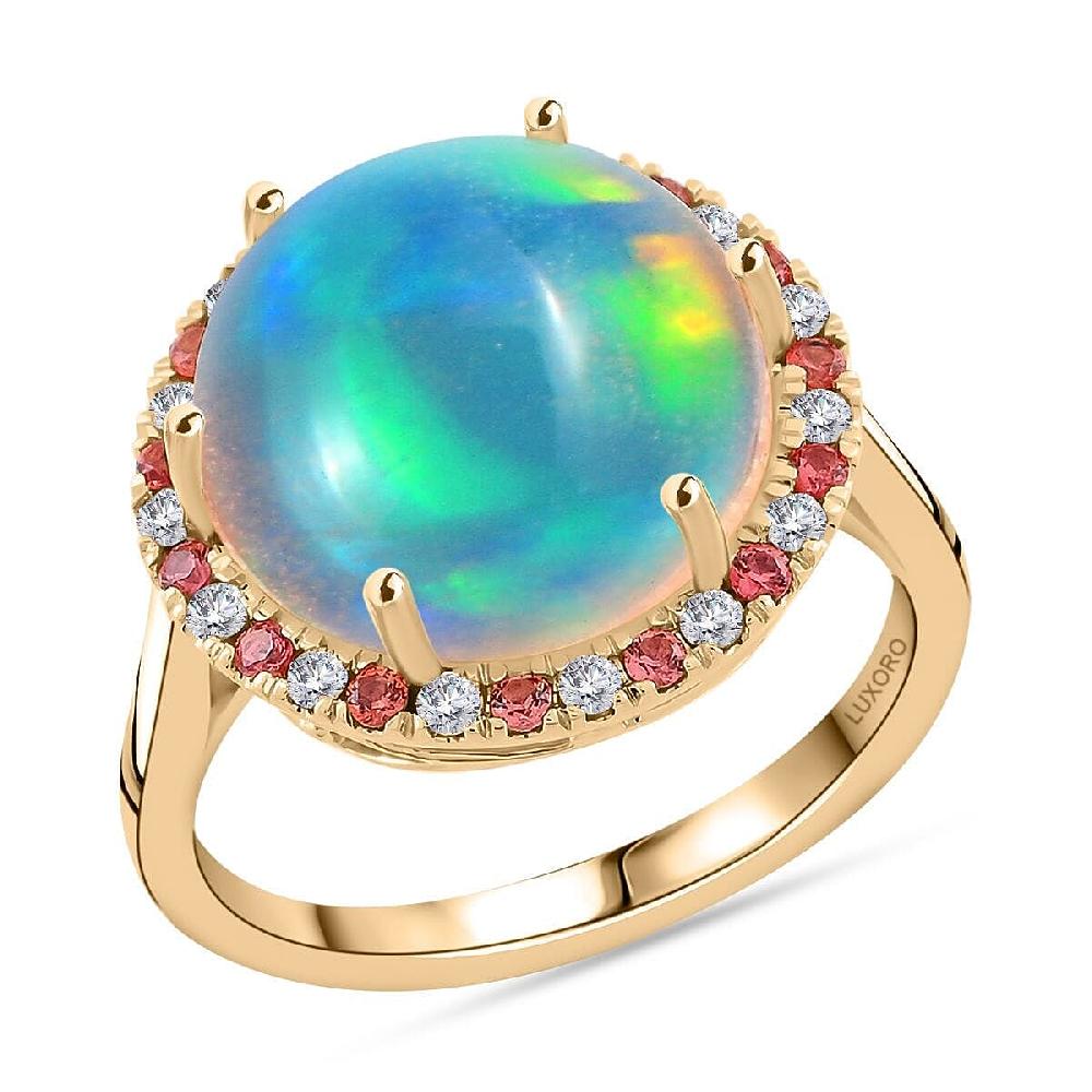 shop lc Certified & Appraised Luxoro AAA Ethiopian Welo Opal Padparadscha Sapphire and G-H I2 Diamond 7.30 ctw Ring in 14K Yellow Gold 4.30 Grams