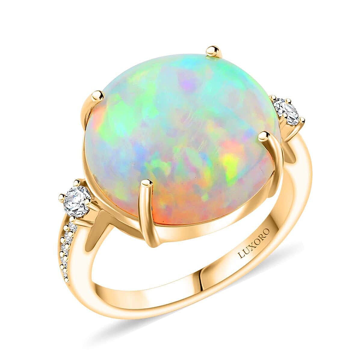 shop lc Certified & Appraised Luxoro AAA Ethiopian Welo Opal and G-H I2 Diamond 7.25 ctw Ring in 14K Yellow Gold