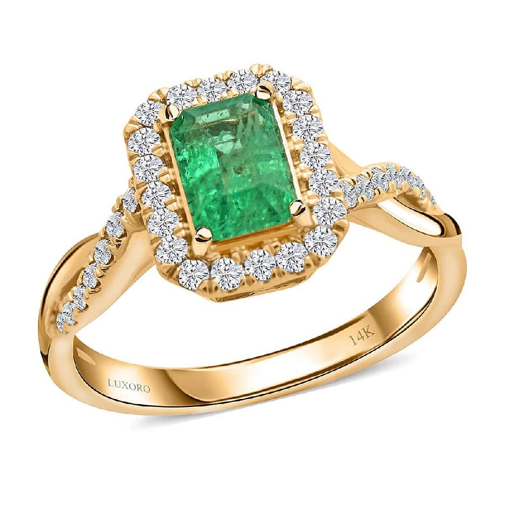 shop lc Certified & Appraised Luxoro AAA Gemfield Emerald and G-H I2 Diamond 1.30 ctw Ring in 14K Yellow Gold shop lc Certified & Appraised Luxoro AAA Gemfield Emerald and G-H I2 Diamond 1.30 ctw Ring in 14K Yellow Gold