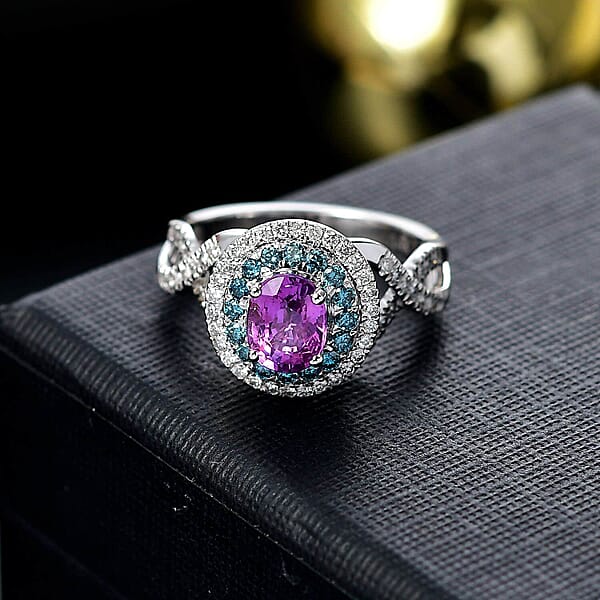 Shop Lc Certified & Appraised Luxoro AAA Lavender Sapphire Blue And I2 White Diamond 2.00 Ctw Ring In 14K White Gold 4.80 Grams