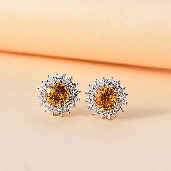 Shop Lc Certified & Appraised Luxoro AAA Madagascar Yellow Sapphire And G-H I2 Diamond 2.23 Ctw Sunburst Stud Earrings In 14K Yellow Gold