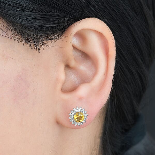 Shop Lc Certified & Appraised Luxoro AAA Madagascar Yellow Sapphire And G-H I2 Diamond 2.23 Ctw Sunburst Stud Earrings In 14K Yellow Gold