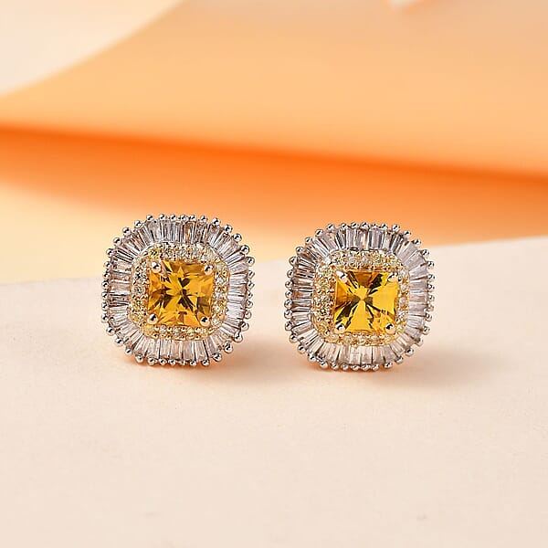 Shop Lc Certified & Appraised Luxoro AAA Madagascar Yellow Sapphire I2 White And Yellow Diamond 2.75 Ctw Double Halo Stud Earrings In 14K Yellow Gold