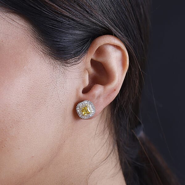 Shop Lc Certified & Appraised Luxoro AAA Madagascar Yellow Sapphire I2 White And Yellow Diamond 2.75 Ctw Double Halo Stud Earrings In 14K Yellow Gold