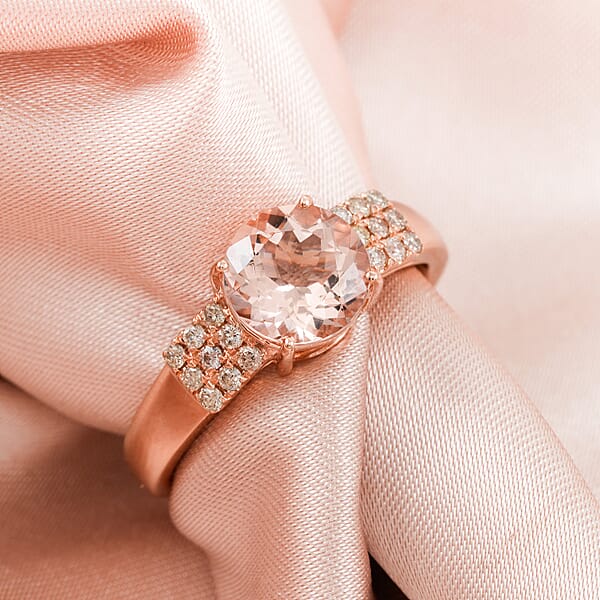 Shop Lc Certified & Appraised Luxoro AAA Marropino Morganite And I2 Diamond 1.85 Ctw Ring In 14K Rose Gold 4.77 Grams