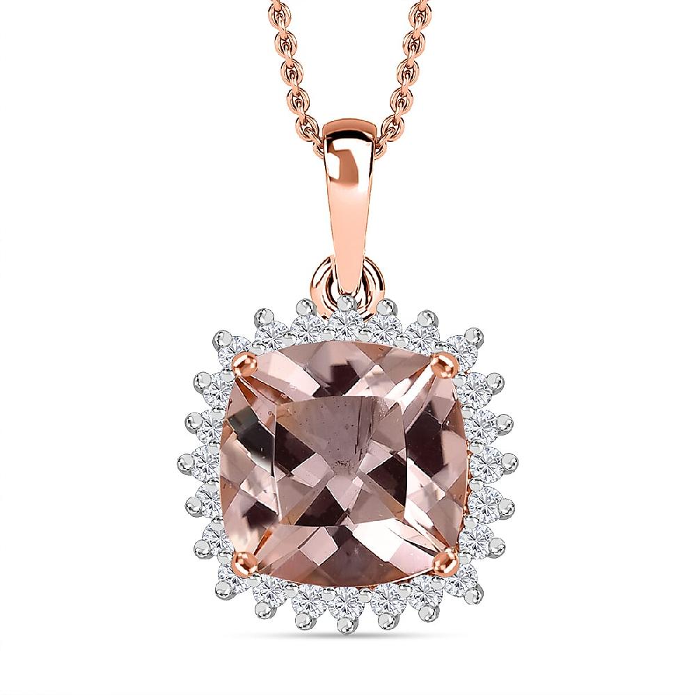 shop lc Certified & Appraised Luxoro AAA Marropino Morganite and G-H I2 Diamond 3.74 ctw Pendant Necklace in 10K Rose Gold 20 Inches (Del. in 10-15 Days)