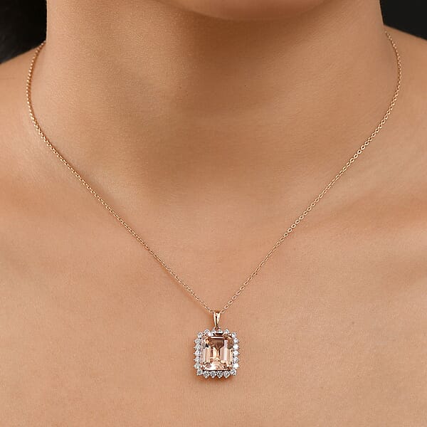 Shop Lc Certified & Appraised Luxoro AAA Marropino Morganite And G-H I2 Diamond 6.43 Ctw Pendant Necklace In 10K Rose Gold 20 Inches (Del. In 10-15 Days)