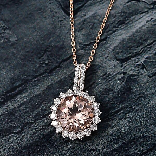 Shop Lc Certified & Appraised Luxoro AAA Marropino Morganite And G-H I2 Diamond 4.02 Ctw Pendant Necklace In 10K Rose Gold 20 Inches (Del. In 10-15 Days)