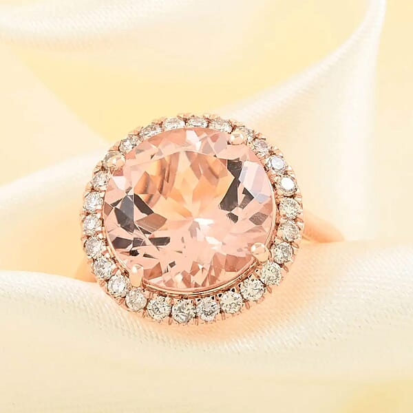 Shop Lc Certified & Appraised Luxoro AAA Marropino Morganite And I2 Diamond 4.65 Ctw Halo Ring In 14K Rose Gold