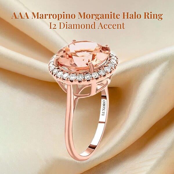 Shop Lc Certified & Appraised Luxoro AAA Marropino Morganite And I2 Diamond 4.65 Ctw Halo Ring In 14K Rose Gold