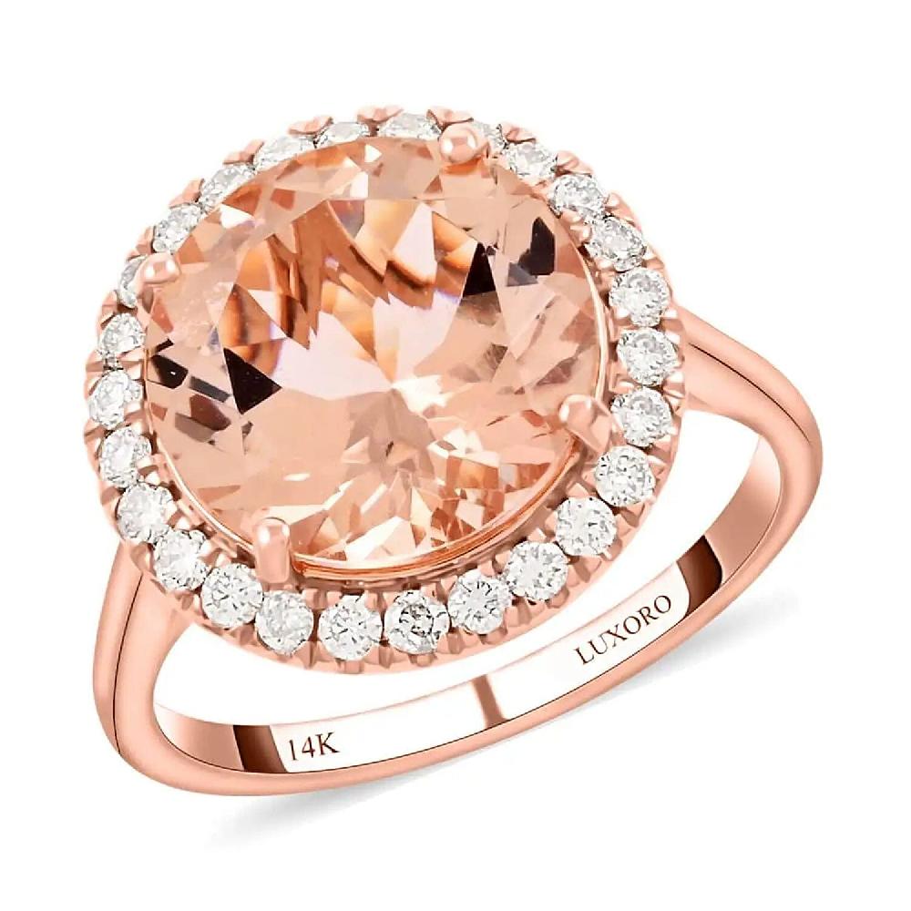 shop lc Certified & Appraised Luxoro AAA Marropino Morganite and I2 Diamond 4.65 ctw Halo Ring in 14K Rose Gold