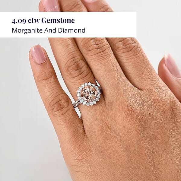 Shop Lc Certified & Appraised Luxoro AAA Marropino Morganite And G-H I2 Diamond 4.09 Ctw Ring In 10K Rose Gold (Del. In 10-15 Days)