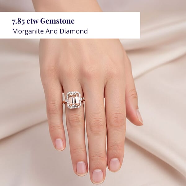 Shop Lc Certified & Appraised Luxoro AAA Marropino Morganite And G-H I2 Diamond 7.85 Ctw Ring In 14K Rose Gold 5.60 Grams