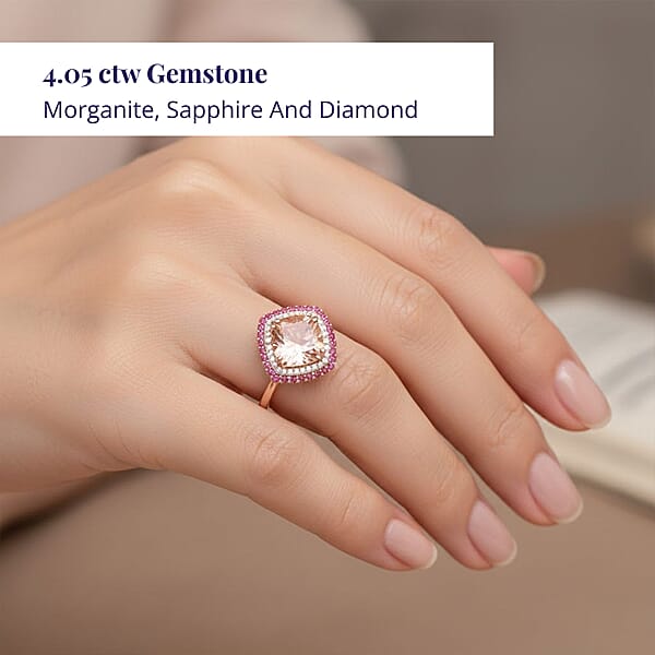 Shop Lc Certified & Appraised Luxoro AAA Marropino Morganite Padparadscha Sapphire And G-H I2 Diamond 4.05 Ctw Ring In 10K Rose Gold 4.35 Grams