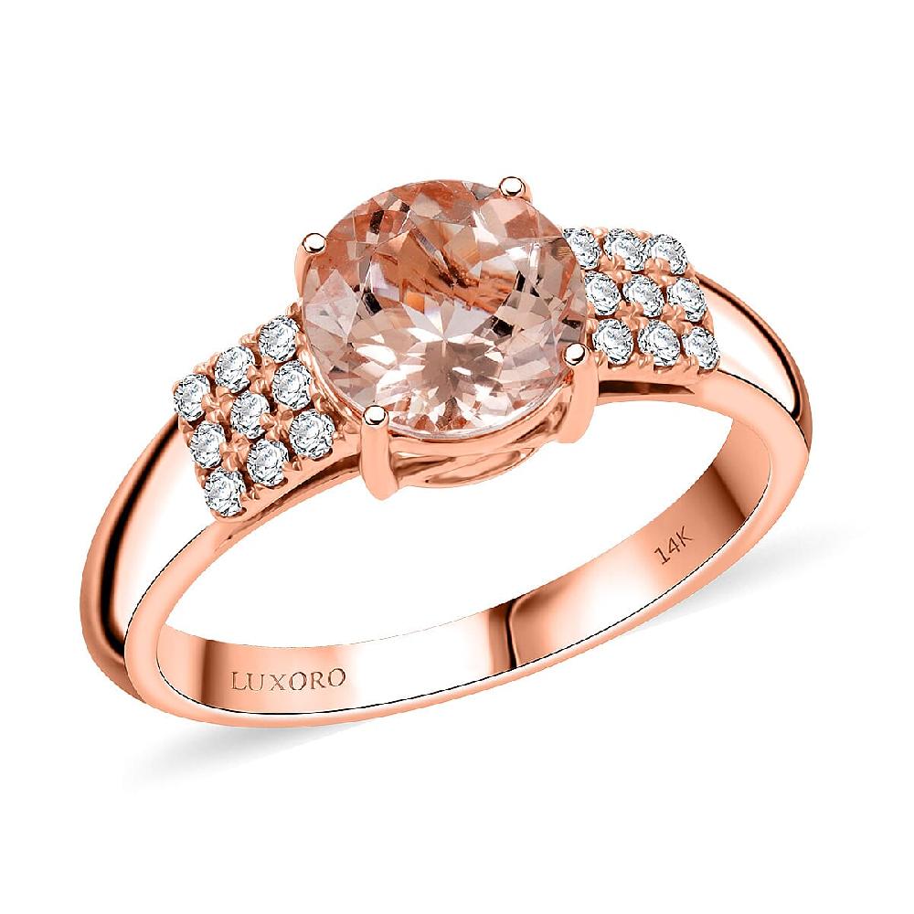 shop lc Certified & Appraised Luxoro AAA Marropino Morganite and I2 Diamond 1.85 ctw Ring in 14K Rose Gold 4.77 Grams