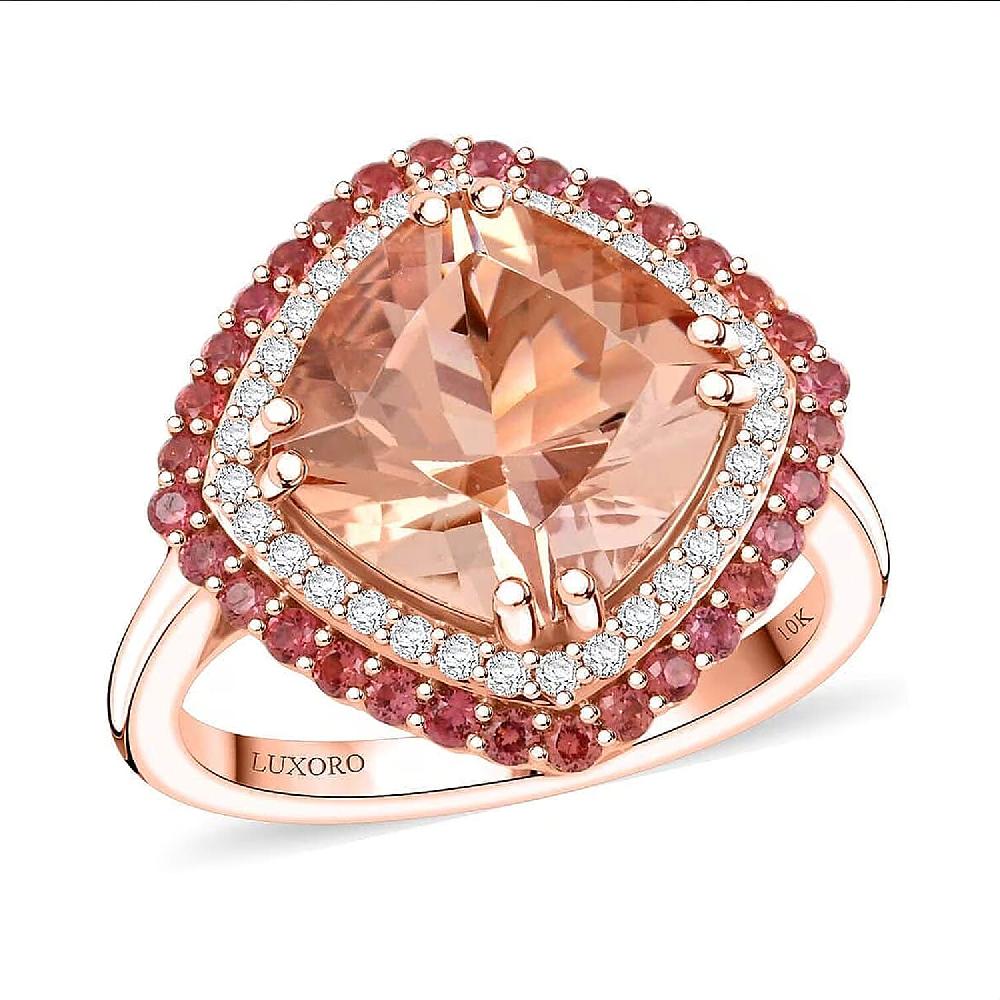 shop lc Certified & Appraised Luxoro AAA Marropino Morganite Padparadscha Sapphire and G-H I2 Diamond 4.05 ctw Ring in 10K Rose Gold 4.35 Grams