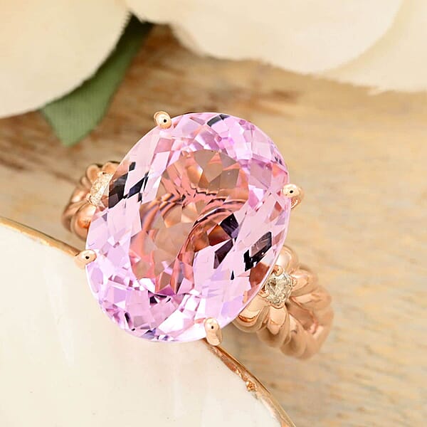 Shop Lc Certified & Appraised Luxoro AAA Martha Rocha Kunzite And G-H I2 Diamond 12.00 Ctw Ring In 10K Rose Gold 5 Grams