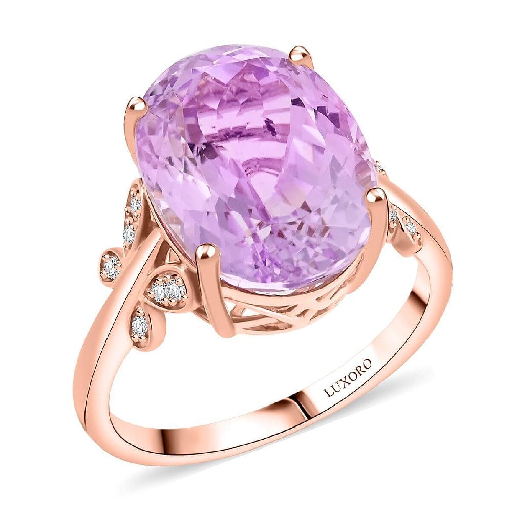 shop lc Certified & Appraised Luxoro AAA Martha Rocha Kunzite and I2 Diamond 13.10 ctw Ring in 10K Rose Gold 4.56 Grams