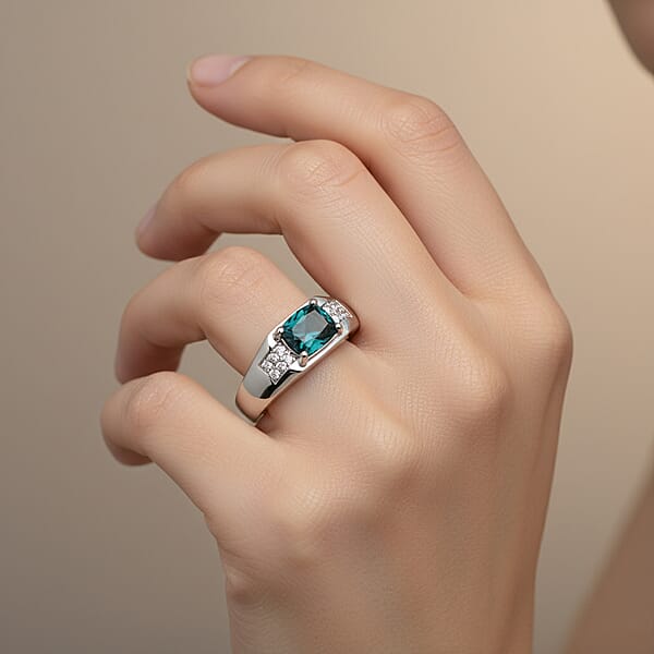 Shop Lc Certified & Appraised Luxoro AAA Monte Belo Indicolite And I2 Diamond 1.50 Ctw Men's Ring In 10K White Gold 4.68 Grams