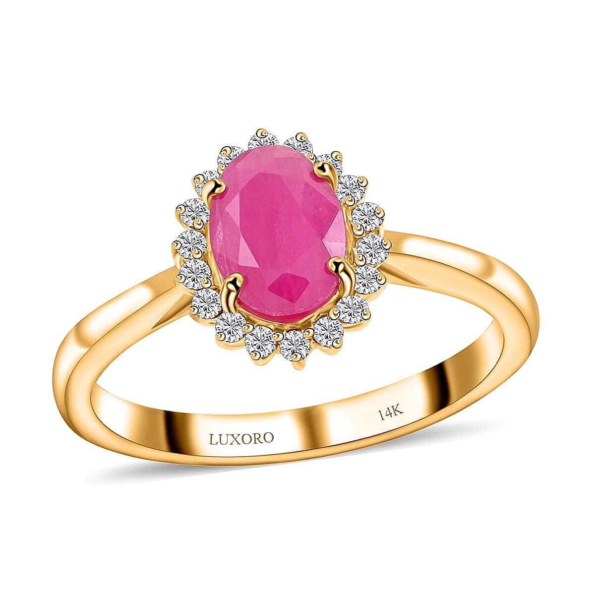 shop lc Certified & Appraised Luxoro AAA Montepuez Ruby and G-H I2 Diamond 1.50 ctw Halo Ring in 14K Yellow Gold
