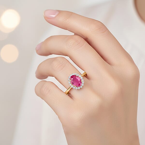 Shop Lc Certified & Appraised Luxoro AAA Montepuez Ruby And G-H I2 Diamond 1.50 Ctw Halo Ring In 14K Yellow Gold