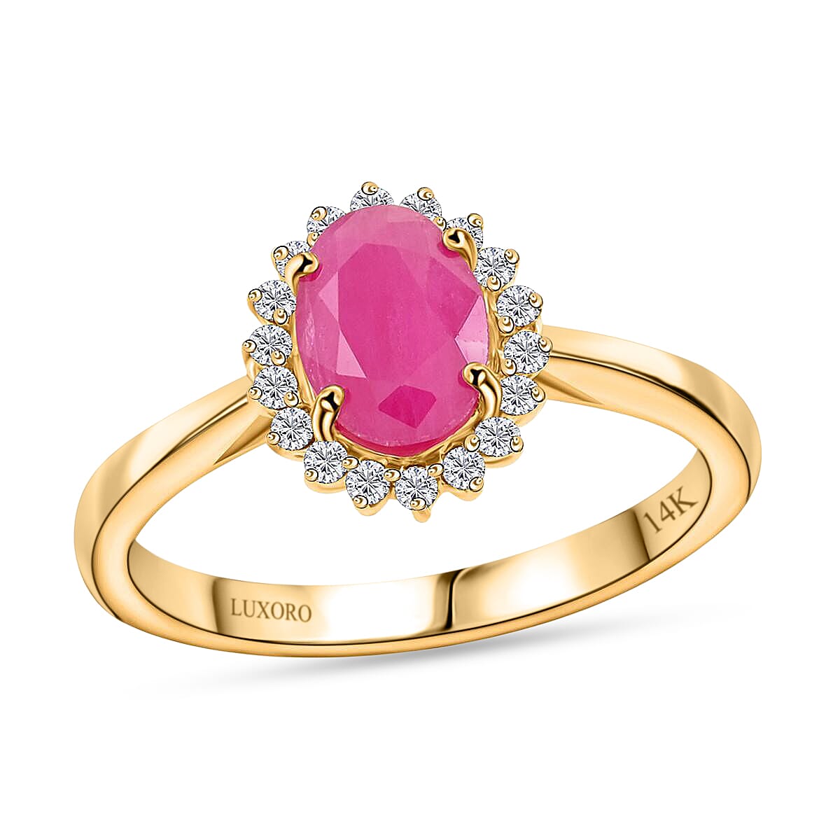 shop lc Certified & Appraised Luxoro AAA Montepuez Ruby and G-H I2 Diamond 1.50 ctw Halo Ring in 14K Yellow Gold