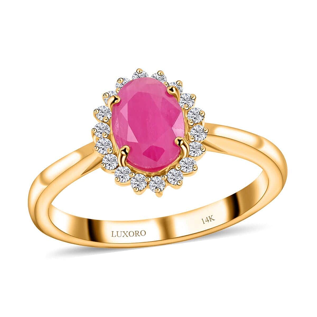 shop lc Certified & Appraised Luxoro AAA Montepuez Ruby and G-H I2 Diamond 1.50 ctw Halo Ring in 14K Yellow Gold