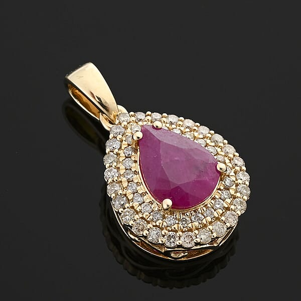 Shop Lc Certified & Appraised Luxoro AAA Mozambique Ruby And G-H I2 Diamond 2.15 Ctw Double Halo Pendant Without Chain In 14K Yellow Gold