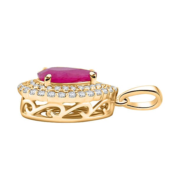 Shop Lc Certified & Appraised Luxoro AAA Mozambique Ruby And G-H I2 Diamond 2.15 Ctw Double Halo Pendant Without Chain In 14K Yellow Gold