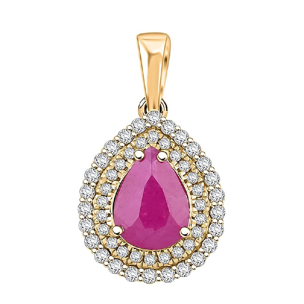 shop lc Certified & Appraised Luxoro AAA Mozambique Ruby and G-H I2 Diamond 2.15 ctw Double Halo Pendant without Chain in 14K Yellow Gold