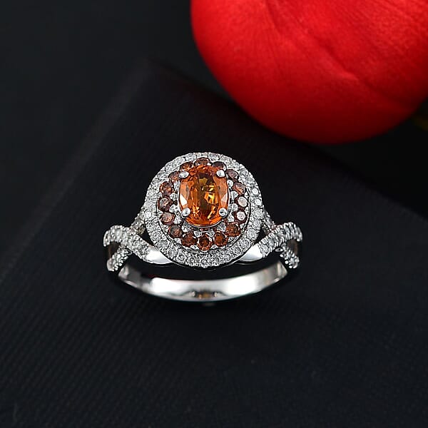 Shop Lc Certified & Appraised Luxoro AAA Orange Sapphire Red And I2 White Diamond 2.33 Ctw Ring In 14K White Gold 4.80 Grams