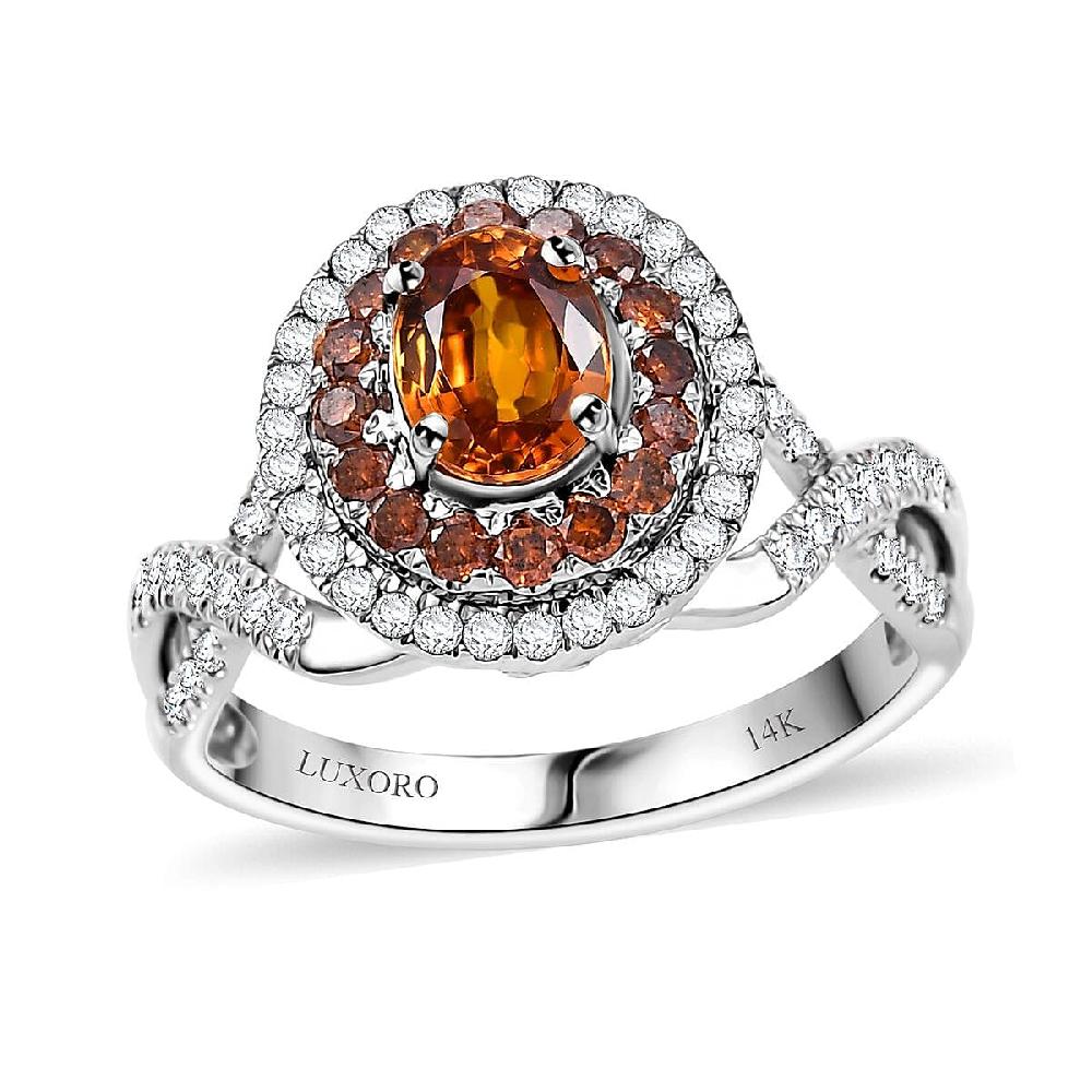 shop lc Certified & Appraised Luxoro AAA Orange Sapphire Red and I2 White Diamond 2.33 ctw Ring in 14K White Gold 4.80 Grams