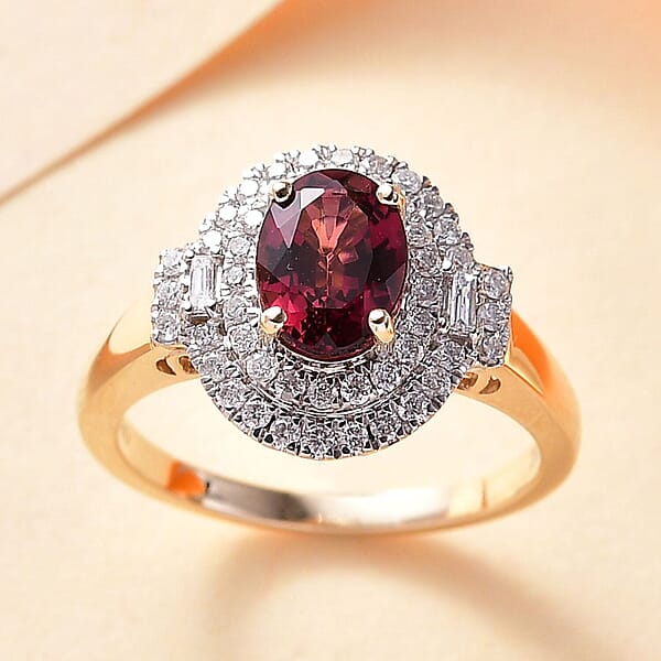 Shop Lc Certified & Appraised Luxoro AAA Ouro Fino Rubellite And G-H I2 Diamond 1.74 Ctw Double Halo Ring In 10K Yellow Gold