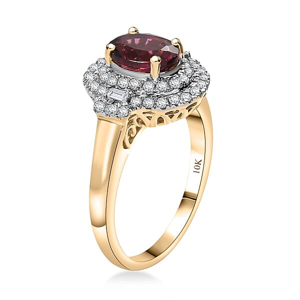 Shop Lc Certified & Appraised Luxoro AAA Ouro Fino Rubellite And G-H I2 Diamond 1.74 Ctw Double Halo Ring In 10K Yellow Gold