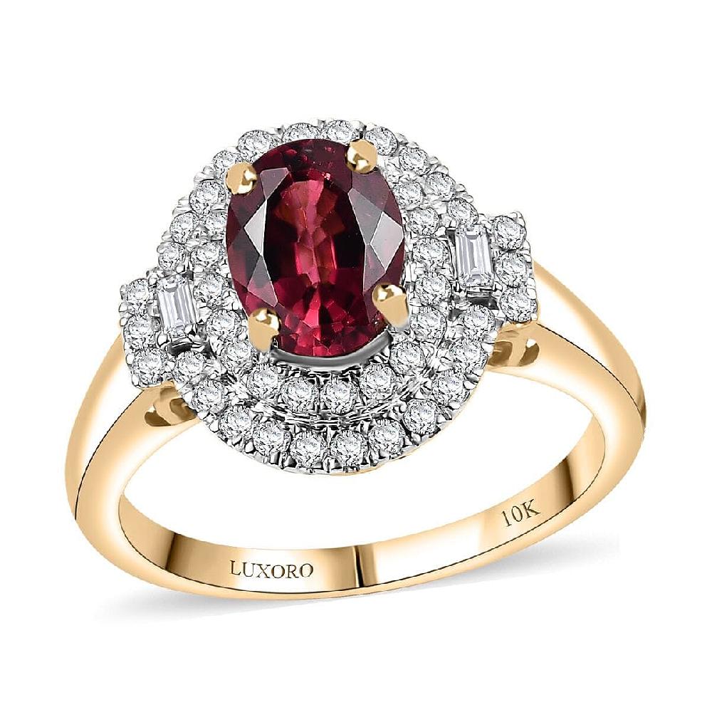 shop lc Certified & Appraised Luxoro AAA Ouro Fino Rubellite and G-H I2 Diamond 1.74 ctw Double Halo Ring in 10K Yellow Gold
