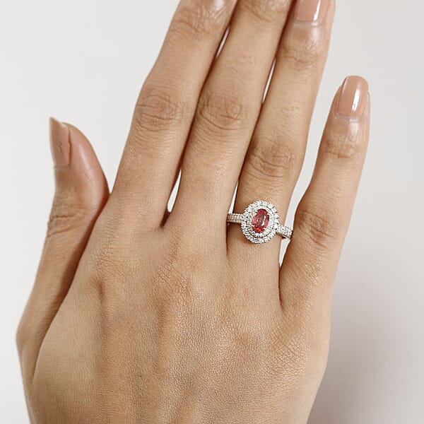 Shop Lc Certified & Appraised Luxoro AAA Padparadscha Sapphire (BT) 10.0) And I2 Diamond 1.33 Ctw Double Halo Ring In 14K Yellow Gold