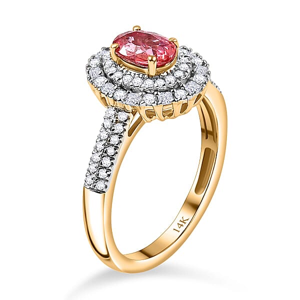 Shop Lc Certified & Appraised Luxoro AAA Padparadscha Sapphire (BT) 10.0) And I2 Diamond 1.33 Ctw Double Halo Ring In 14K Yellow Gold