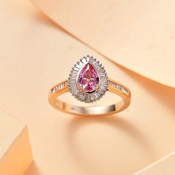 Shop Lc Certified & Appraised Luxoro AAA Padparadscha Sapphire And G-H I2 Diamond 1.32 Ctw Ring In 14K Yellow Gold