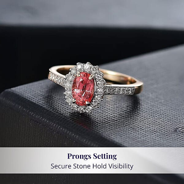 Shop Lc Certified & Appraised Luxoro AAA Padparadscha Sapphire (BT) 10.0) And I2 Diamond 1.56 Ctw Halo Ring In 14K Yellow Gold