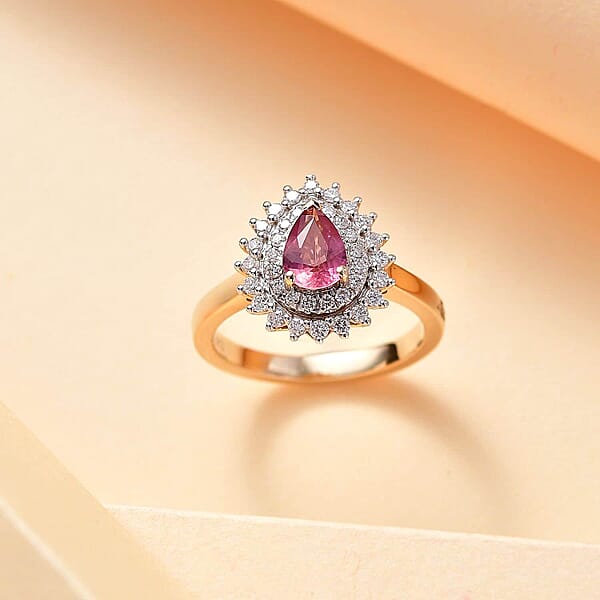 Shop Lc Certified & Appraised Luxoro AAA Padparadscha Sapphire And G-H I2 Diamond 1.25 Ctw Ring In 14K Yellow Gold