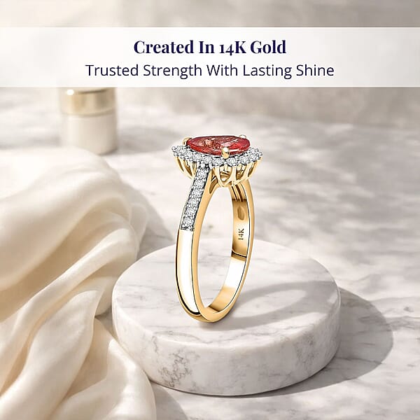 Shop Lc Certified & Appraised Luxoro AAA Padparadscha Sapphire (BT) 7.0) And I2 Diamond 1.85 Ctw Halo Ring In 14K Yellow Gold