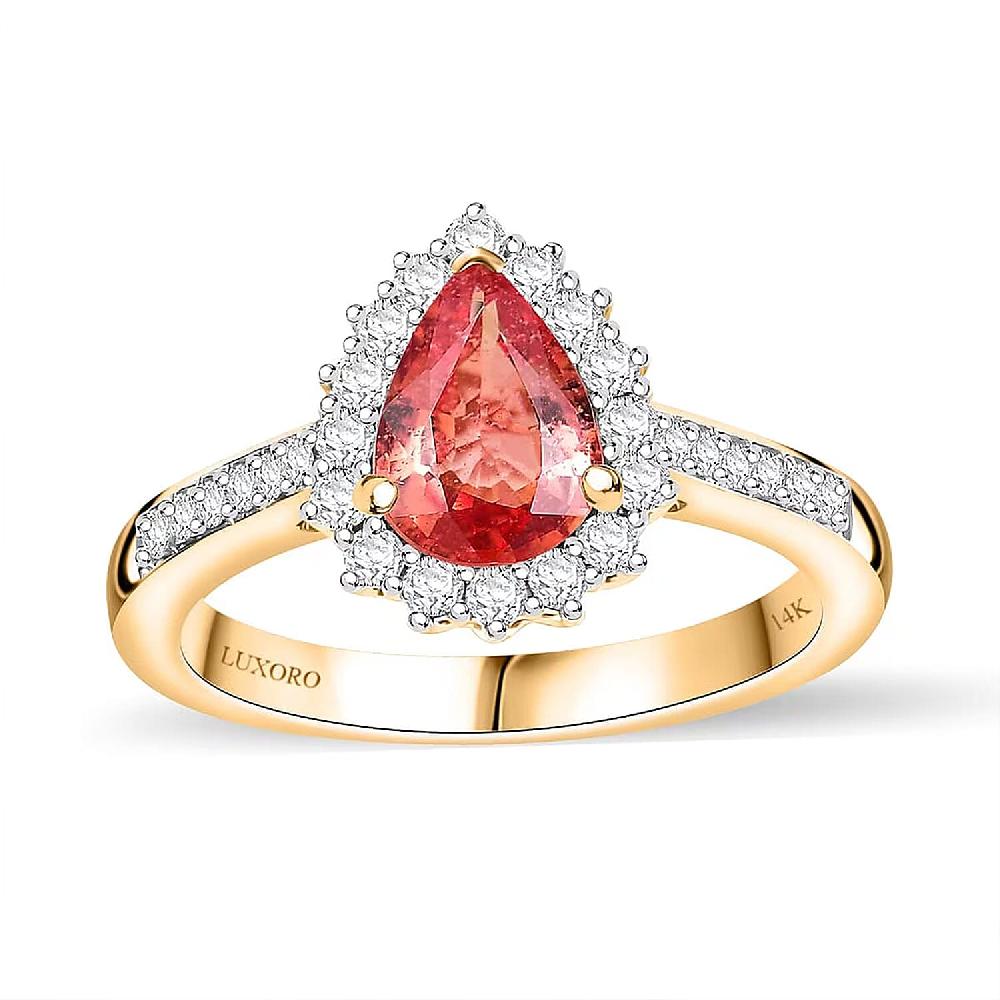 shop lc Certified & Appraised Luxoro AAA Padparadscha Sapphire (BT) 7.0) and I2 Diamond 1.85 ctw Halo Ring in 14K Yellow Gold