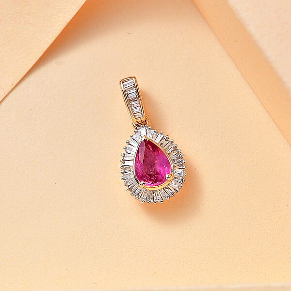 Shop Lc Certified & Appraised Luxoro AAA Padparadscha Sapphire And G-H I2 Diamond 1.25 Ctw Pendant Without Chain In 14K Yellow Gold